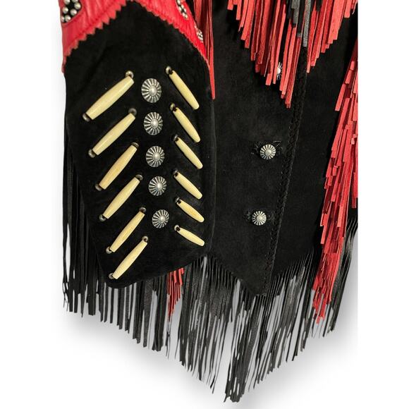 Vintage 90s Diamond Leathers Black Red Suede Fringe Western Jacket Bone Bead 12 - Picture 2 of 6